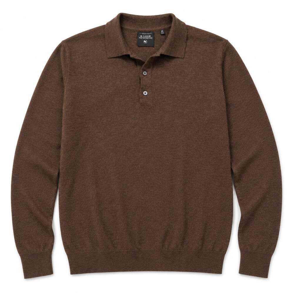 e-LUXE Extra Fine Merino Wool Long Sleeve Polo Shirt Brown Size M